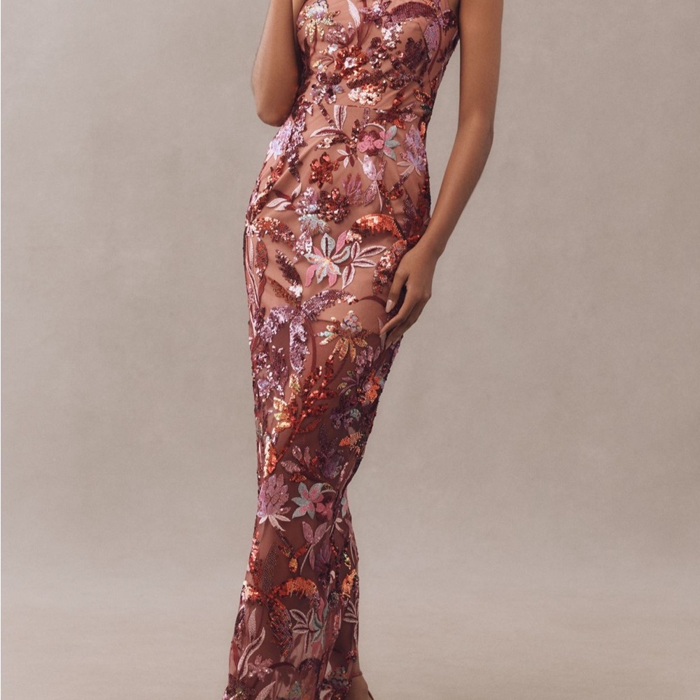Sleeveless Rose Gold Floral Sequin Evening Gown